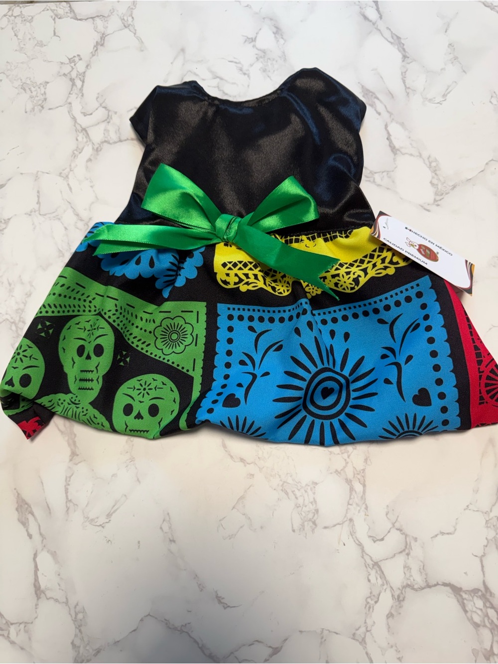 Pet Warrior Dog/Cat Day of the Dead Costume Dress with Green Bow.